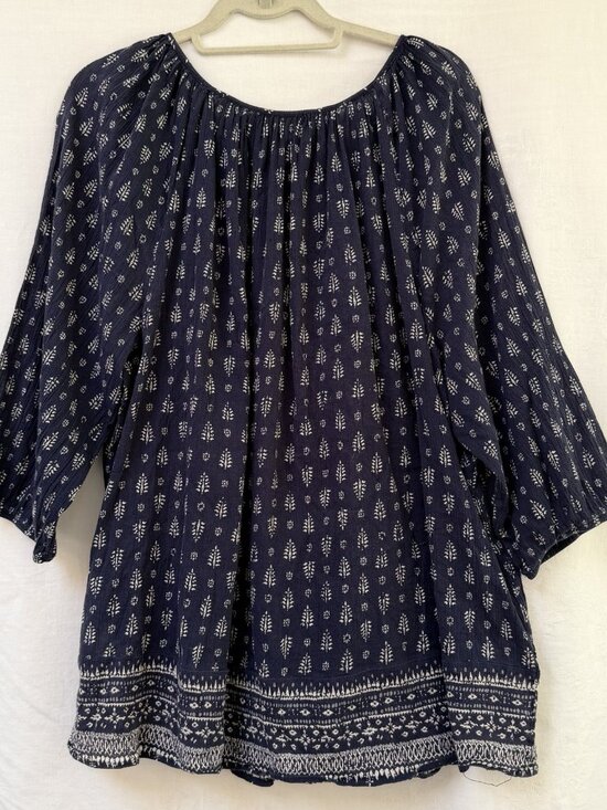 Chaps Women's 2X Blue Floral 3/4 Puff Sleeve Peasant Top boho Festival Party - Picture 3 of 8